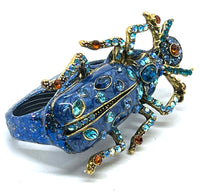 "BUG OFF" Vintage Inspired Enamel & Rhinestone Two Finger Beetle Ring sz 11/12