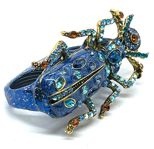 "BUG OFF" Vintage Inspired Enamel & Rhinestone Two Finger Beetle Ring sz 11/12