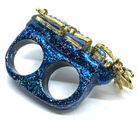 "BUG OFF" Vintage Inspired Enamel & Rhinestone Two Finger Beetle Ring sz 11/12