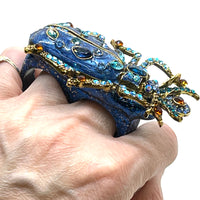 "BUG OFF" Vintage Inspired Enamel & Rhinestone Two Finger Beetle Ring sz 11/12
