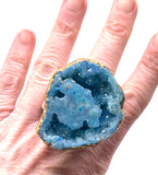 Blue Geode Half Iridescent Stone Floral Accent Ring