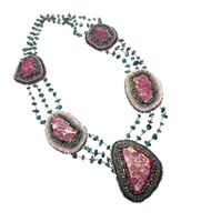 Hand Beaded Magenta Jasper with Green & Magenta Tribal Malachite Statement Necklace