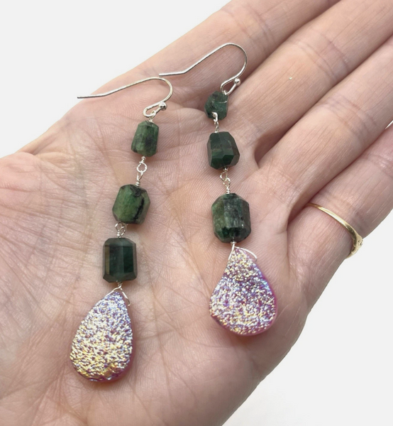 Faceted Emerald And Druzy Dangle Earrings