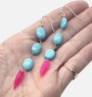 Turquoise And Pink Chalcedony Dangle Earrings
