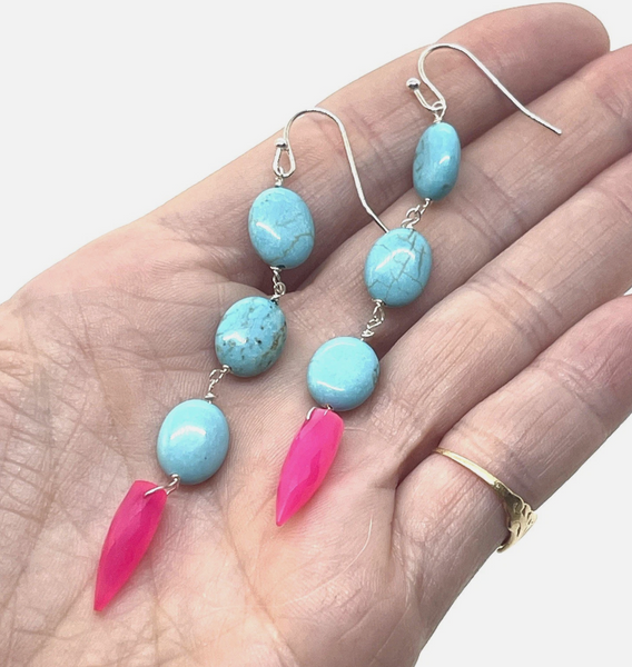 Turquoise And Pink Chalcedony Dangle Earrings