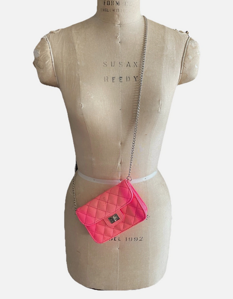Two Tone Hot Pink Mini Faux Leather Quilted Crossbody Mini Bag
