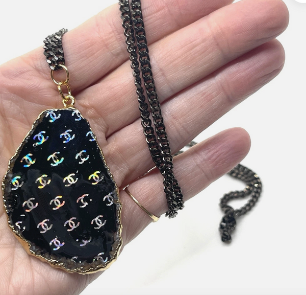 One Of A Kind Raw Geode Slice Black Chanel Necklace