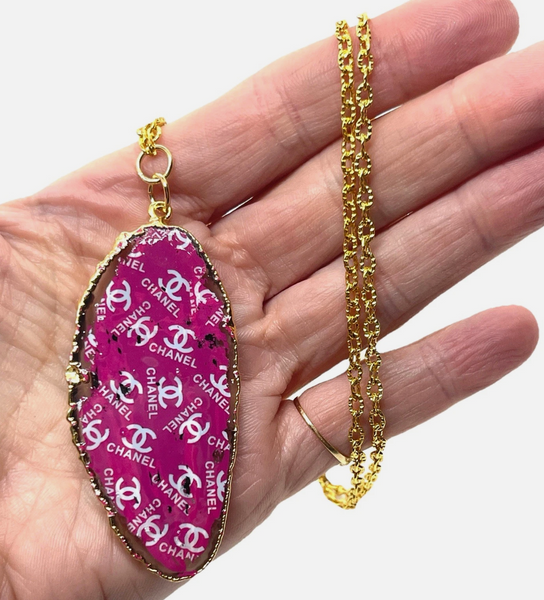 One Of A Kind Raw Geode Slice Pink Chanel Necklace