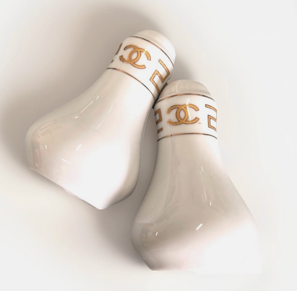 New Chanel Gold & White Ceramic China Salt & Pepper Shakers Set