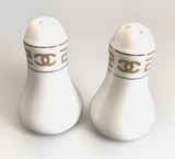 New Chanel Gold & White Ceramic China Salt & Pepper Shakers Set