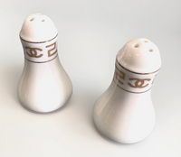 New Chanel Gold & White Ceramic China Salt & Pepper Shakers Set