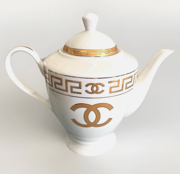 New Chanel Gold & White Ceramic China Teapot