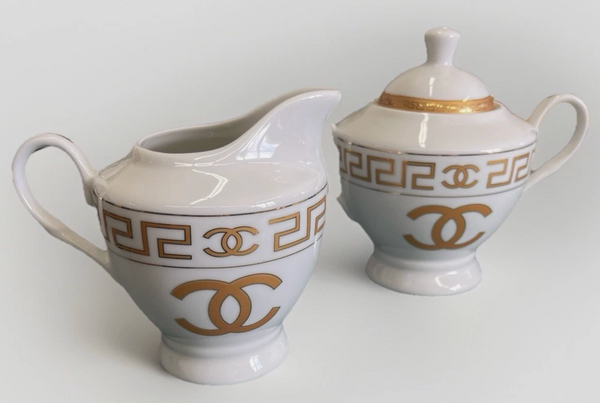 New Chanel Gold & White Ceramic China Sugar Bowl & Creamer