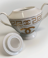 New Chanel Gold & White Ceramic China Sugar Bowl & Creamer