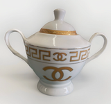 New Chanel Gold & White Ceramic China Sugar Bowl & Creamer