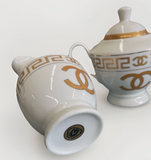 New Chanel Gold & White Ceramic China Sugar Bowl & Creamer