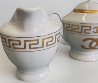 New Chanel Gold & White Ceramic China Sugar Bowl & Creamer
