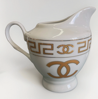 New Chanel Gold & White Ceramic China Sugar Bowl & Creamer