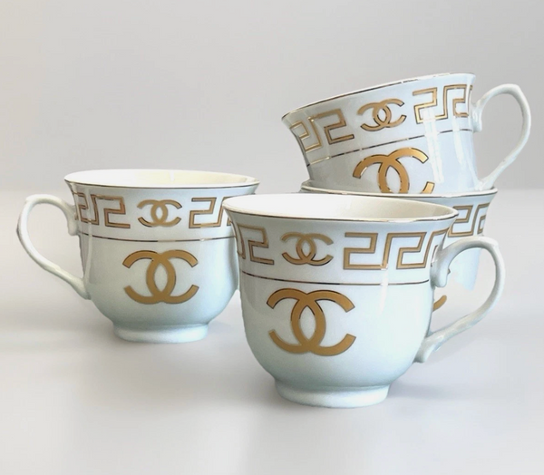 New Chanel Gold & White Ceramic China Teacups Set Of 4