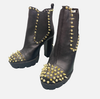 New Cape Robin Gold Studded Black Faux Leather High Heel Platform Spike Boot 6.5