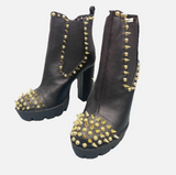 New Cape Robin Gold Studded Black Faux Leather High Heel Platform Spike Boot 6.5