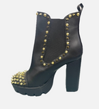 New Cape Robin Gold Studded Black Faux Leather High Heel Platform Spike Boot 6.5