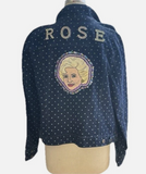 Custom Handmade Embellished Denim Jacket Beaded Velvet Rose Golden Girls sz XL