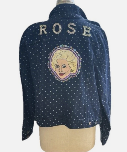 Custom Handmade Embellished Denim Jacket Beaded Velvet Rose Golden Girls sz XL