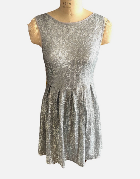 Vintage Silver Sequin Pleated Skirt Dress Sz M