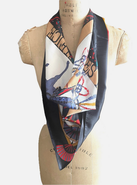Authentic Vintage HERMES "FEUX D'ARTIFICE 1837-1991" Black 100% Silk Scarf