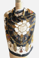 Authentic Vintage HERMES Chain Link Charm Bracelet Print Black 100% Silk Scarf