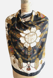 Authentic Vintage HERMES Chain Link Charm Bracelet Print Black 100% Silk Scarf