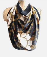 Authentic Vintage HERMES Chain Link Charm Bracelet Print Black 100% Silk Scarf