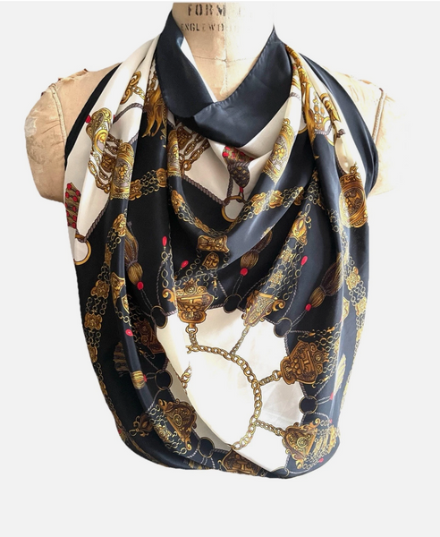 Authentic Vintage HERMES Chain Link Charm Bracelet Print Black 100% Silk Scarf