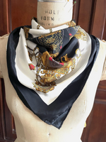 Authentic Vintage HERMES Chain Link Charm Bracelet Print Black 100% Silk Scarf