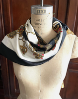 Authentic Vintage HERMES Chain Link Charm Bracelet Print Black 100% Silk Scarf