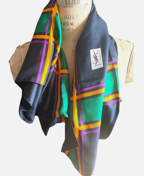 Authentic Vintage YSL Navy & Multicolor Plaid Print 100% Silk Scarf 35”