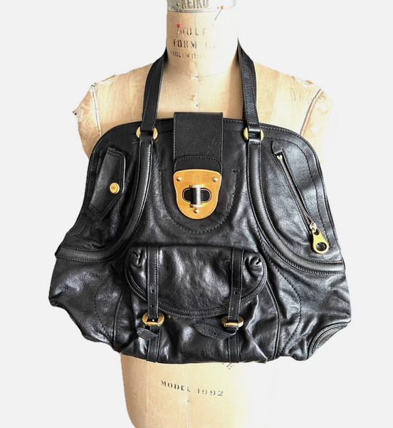 Alexander McQueen Soft Black Leather Tote Bag With Gold Accent Buckles & Zippers