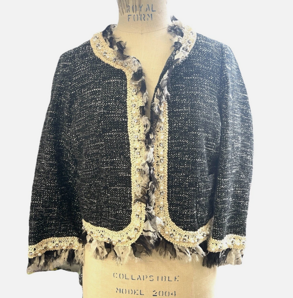 Embellished Tweed Blazer With Chiffon Ruffles And Beaded Edging Sz SM