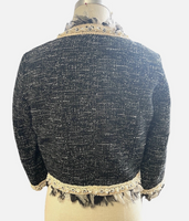 Embellished Tweed Blazer With Chiffon Ruffles And Beaded Edging Sz SM