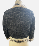 Embellished Tweed Blazer With Chiffon Ruffles And Beaded Edging Sz SM