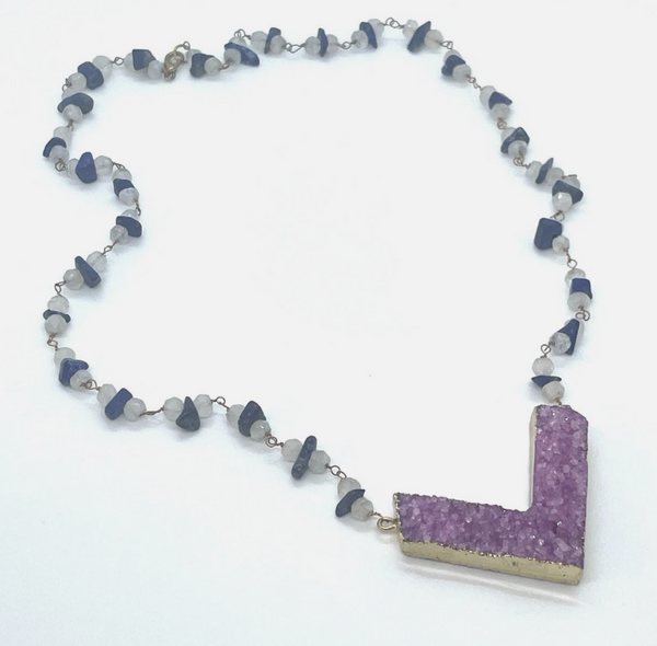 Pink Druzy Chevron Beaded Moonstone & Lapis Necklace