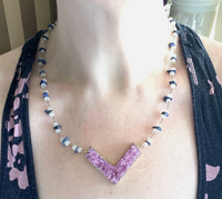 Pink Druzy Chevron Beaded Moonstone & Lapis Necklace