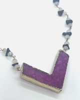 Pink Druzy Chevron Beaded Moonstone & Lapis Necklace