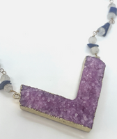 Pink Druzy Chevron Beaded Moonstone & Lapis Necklace