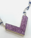 Pink Druzy Chevron Beaded Moonstone & Lapis Necklace