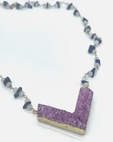 Pink Druzy Chevron Beaded Moonstone & Lapis Necklace