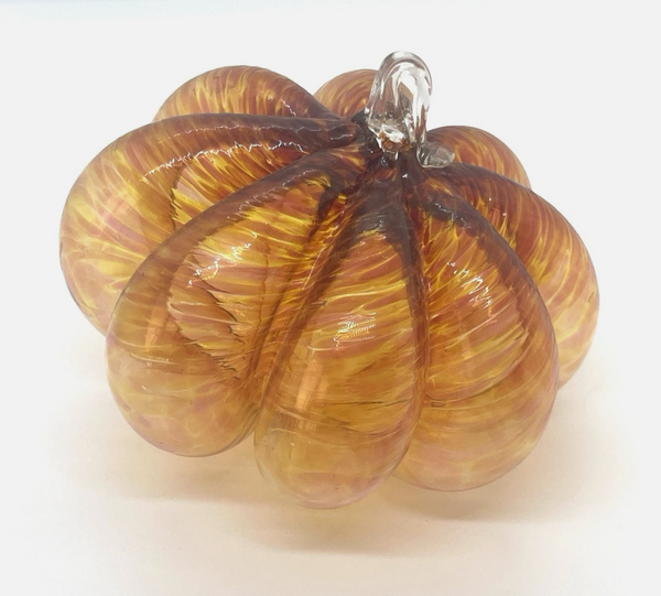 Hand Blown Swirled Art Glass Pumpkin With Applied Clear Stem 4.5” Round