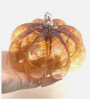 Hand Blown Swirled Art Glass Pumpkin With Applied Clear Stem 4.5” Round