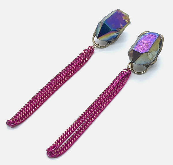 Disco Ball Quartz Glitter And Pink Chain Earrings F fashionistad